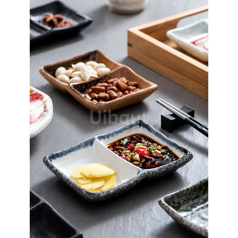 Ceramic Two 2 Grid Sushi Plate Sauce Dish Stable Non Slip Seasoning Plate for Sushi Condiment Dipping Ketchup Olive Oil Butter