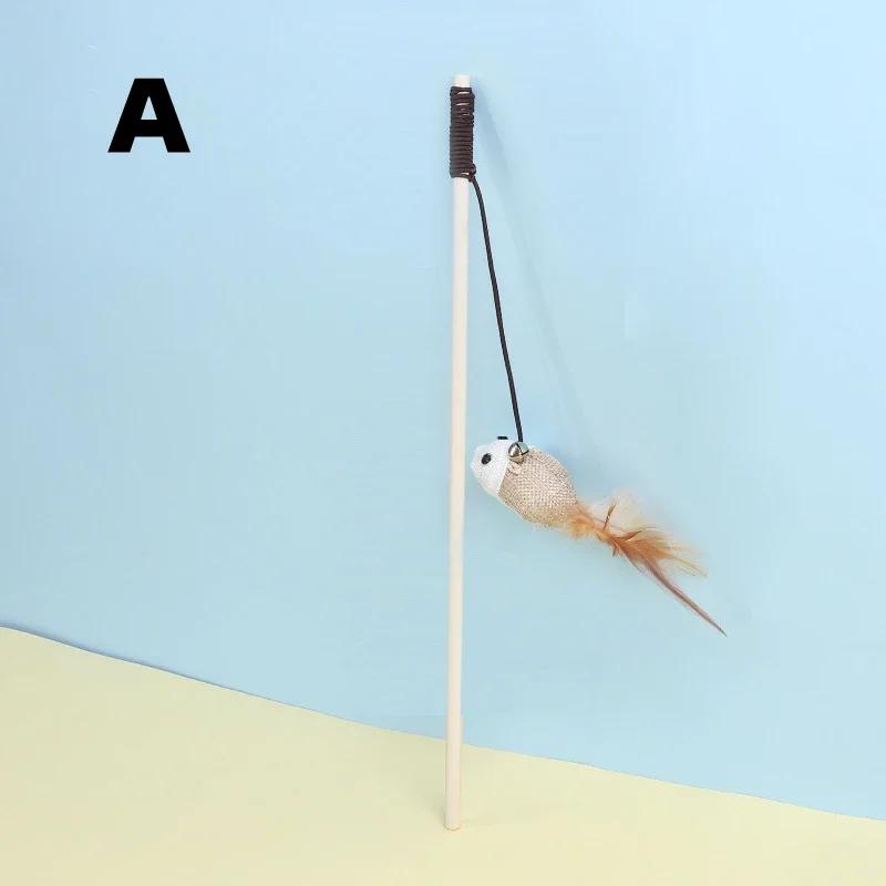 New Mouse Wooden Teasing Cat Rod Cat Toy Pet Supplies Feather Bell Wooden Rod Teasing Cat Stick Fuuny Pet Toys Supplies