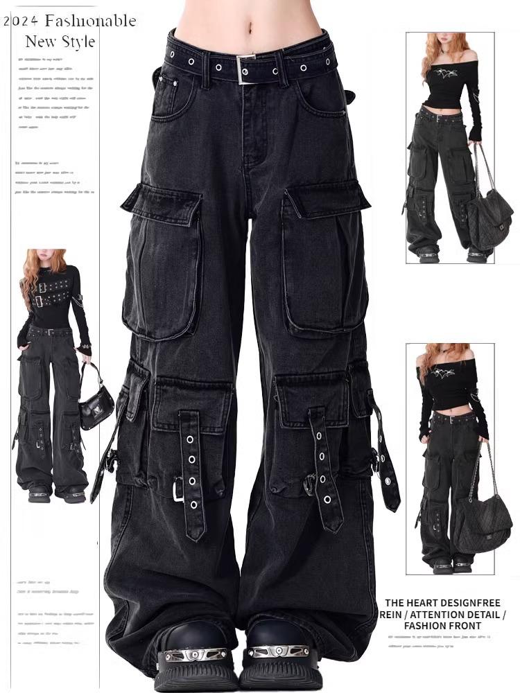 Herren Modische Locker Geschnittene Gerade Bein Jeans mit Mehrere Taschen Design