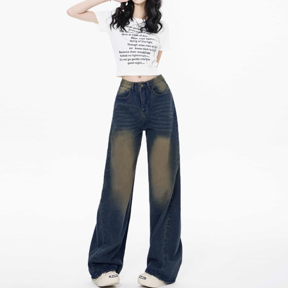 Personalized American washed wide-leg jeans women's spring and autumn new high-waisted loose straight mopping jeans