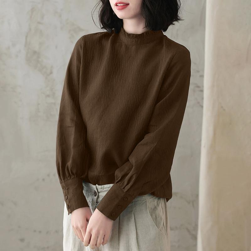 ZANZEA Women Casual Stand Collar Loose Solid Blouse 5XL коричневый