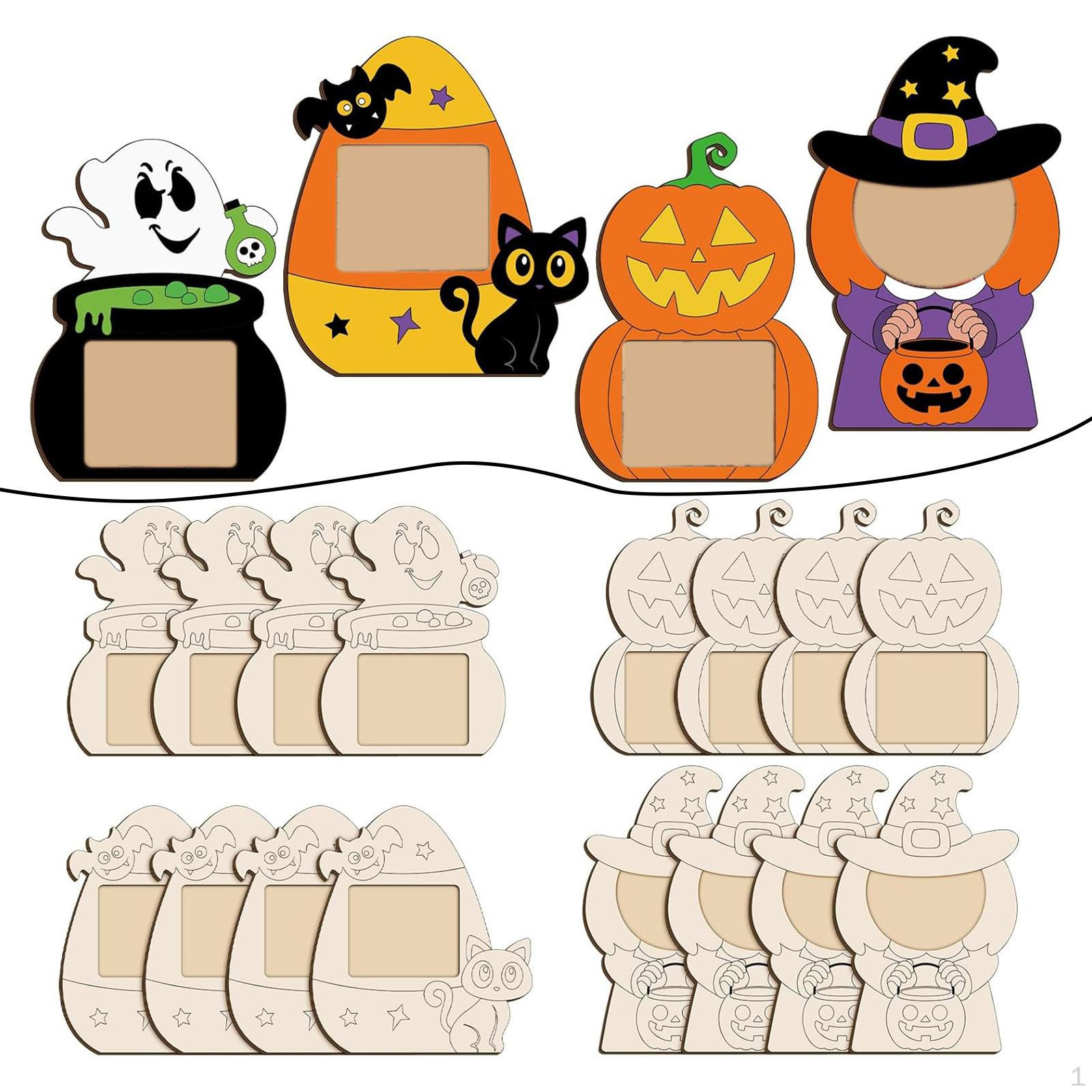 

16x Набор для поделок Рамка для фотографий на Хэллоуин, Украшения для раскрашивания детьми, Необработанное деревянное фото