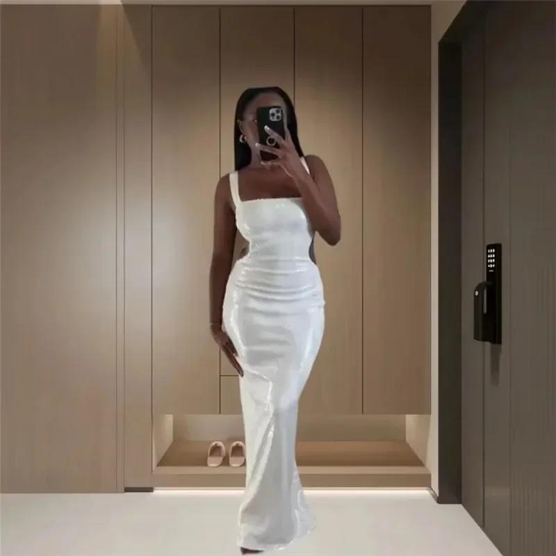 Sexy Sequins Backless Slip Maxi Dress Women Sleeveless Bodycon Hip Package Dresses Summer Party Evening Robe