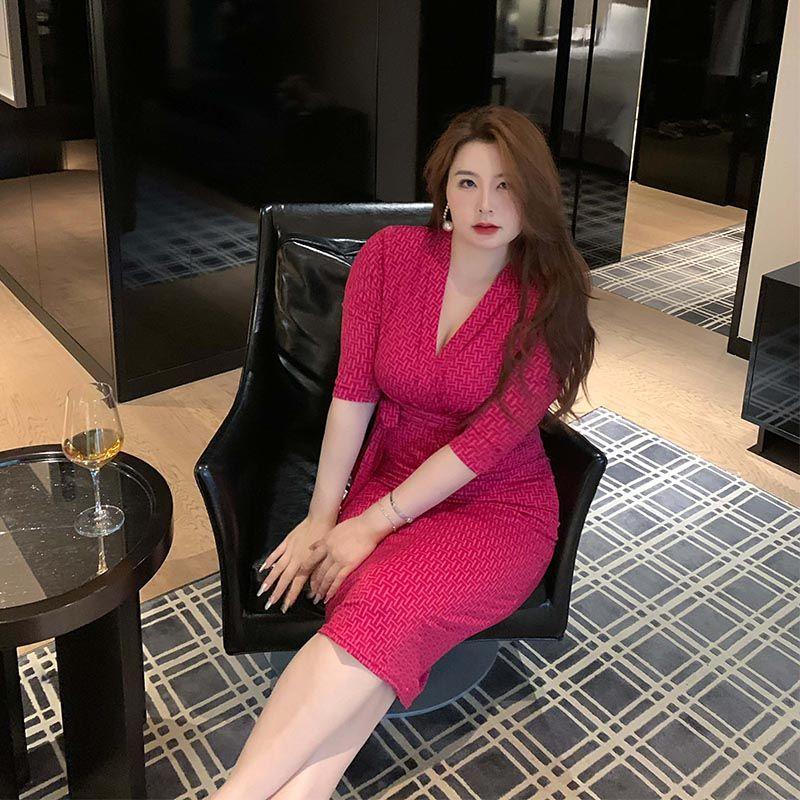 

ML Xiaole Plus Size Loose-Fit 2025 Summer New Arrival Women s Rose Red Slim Dress Sexy V-neck Dress Rose Red M