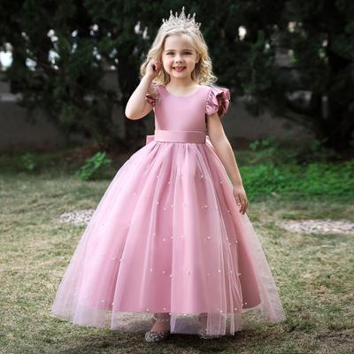 Girls Princess Ball Gown Elegant Fly Sleeve Pearl Mesh Formal Dress Wedding Party Bow Tutu Skirt