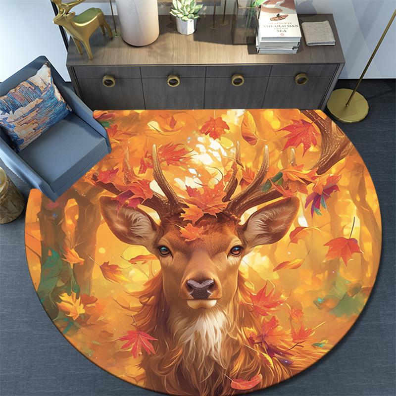 Autumnal Deer Round Area Rug,Carpet Rug for Living Room Bedroom Sofa Playroom Decor,Non-slip Floor Mat