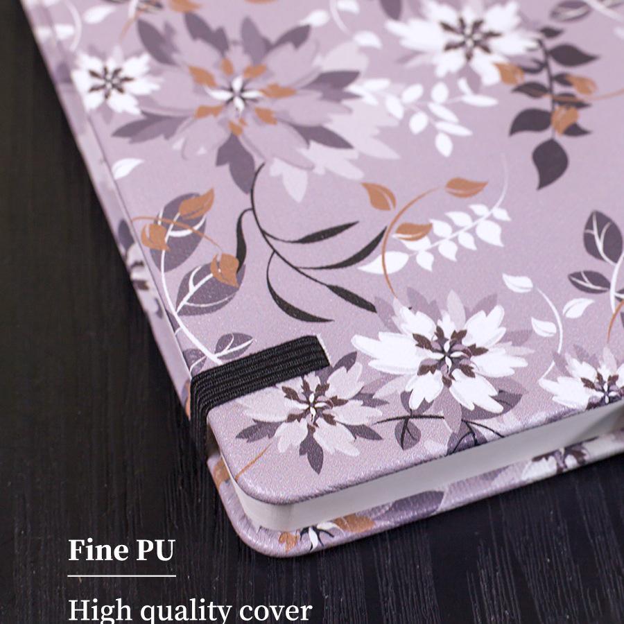 A5 Grey Floral Bullet Journal with Elastic Band & Pocket - Dot Grid & Lined Notebook Planner, Hardcover