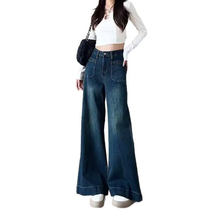 Women's Retro Blue High Waist Wide Leg Jeans - Petite, Loose, Straight Floor-Length for Spring and Autumn