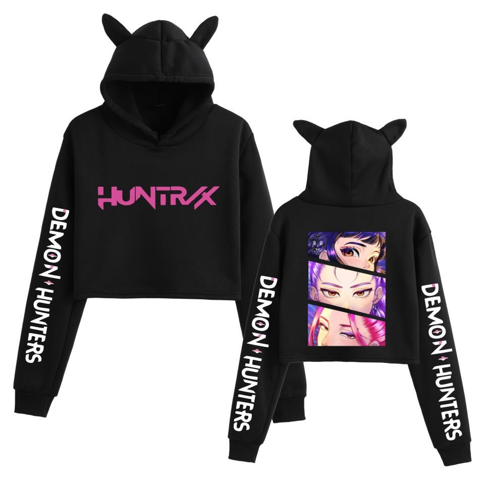 KPop Demon Hunters Printed Hoodie Women Fashion Pullover Girl Cute Cat Ear Sweatshirts Crop Tops