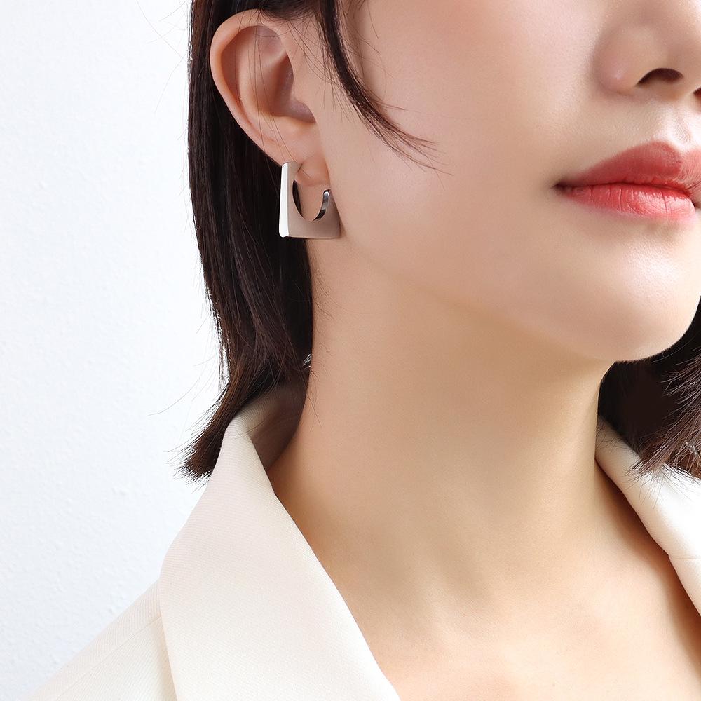 French Style Geometric Square Titanium Steel Earrings, Personalized 18K Gold Ins Accessories
