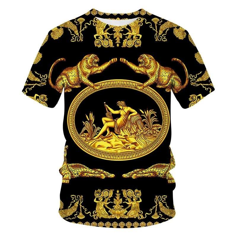 Men's Baroque Style Animal & Ornament Print Short Sleeve T-shirts Summer Round Neck Fashionable Casual Men's T-shirts