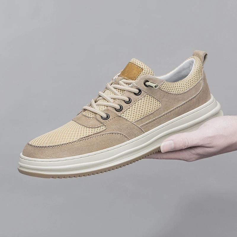 Fashion Summer New Breathable Mesh Comfortable Men Shoes Leather Sneakers Mens Designer Fashion British Style Casual Leather Shoes Walk