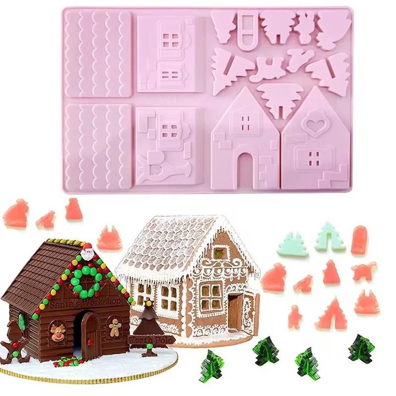 

3D Christmas House Chocolate Mold Gingerbread House Shape Cake Decoration Silicone Mould DIY Biscuits Cookie Stencil Baking Tray рожевий