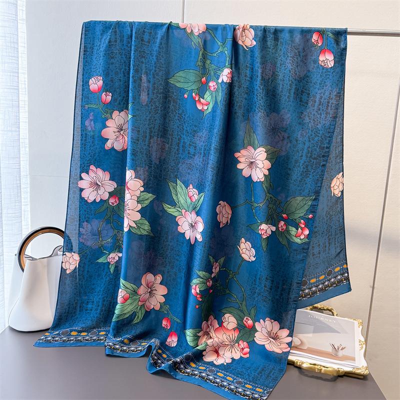 Spring And Summer Simulation Silky Brocade Fashion Sunscreen Silk Scarf Long Scarf Silky Printed Shawl Versatile Headscarf Scarf