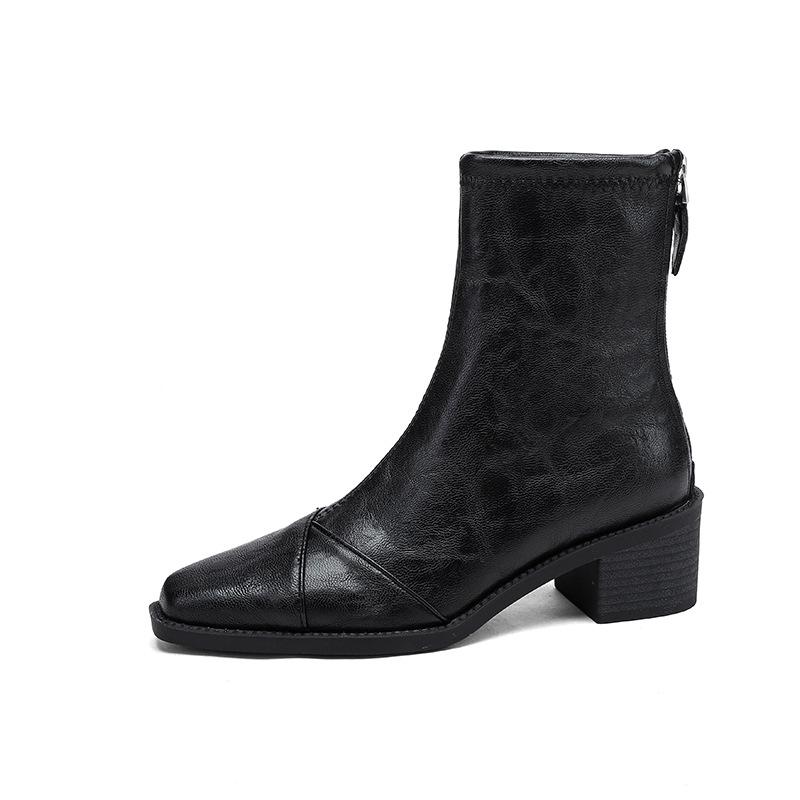 Square Heel Middle Heel Back Zipper Temperament Black Short Boots Women's French Versatile Commuter Naked Boots British Martin Boots