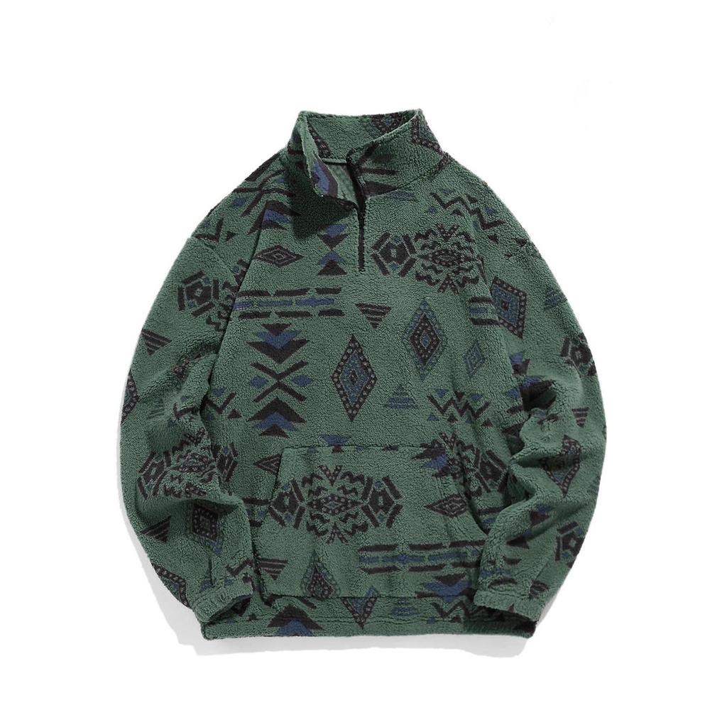 Europese Maat Koreaanse Chic Winter Retro Etnisch Geometrisch Print Casual Lange Mouw Rits Top