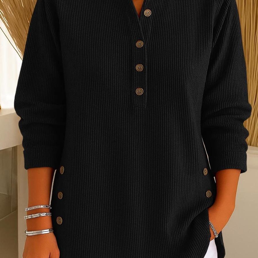 2025 European and American Autumn/Winter Solid Color V-Neck Button Long Sleeve Women's Casual Top