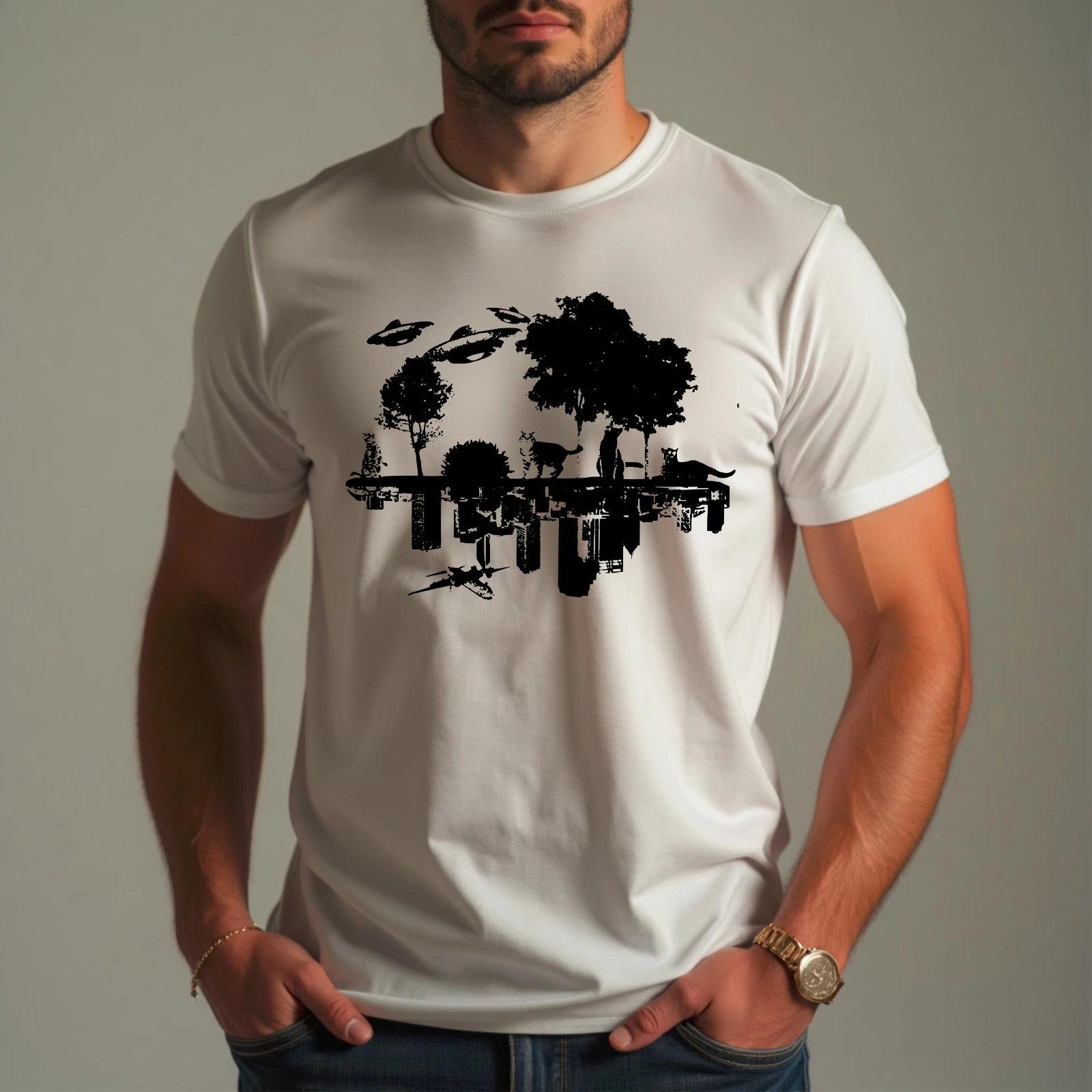 Perfect Future Funny Cats Alien Invansion UFO City Eco Environmental T-Shirt 2XL