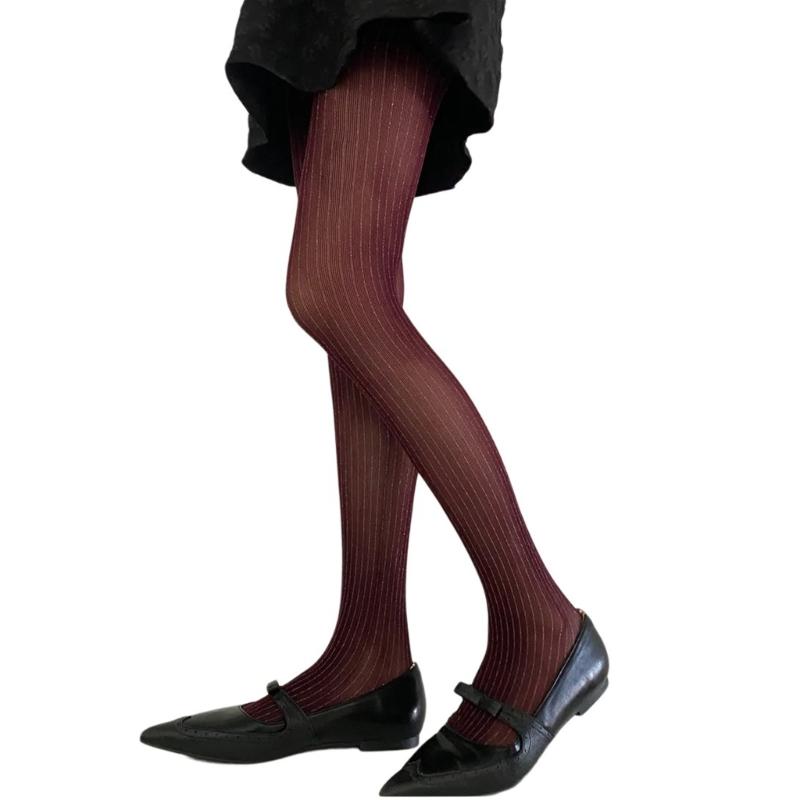 Women Vintage Shimmering Vertical Striped See Through Pantyhose 90s Spring Summer Silk Sheer Tights Stockings Leggings
