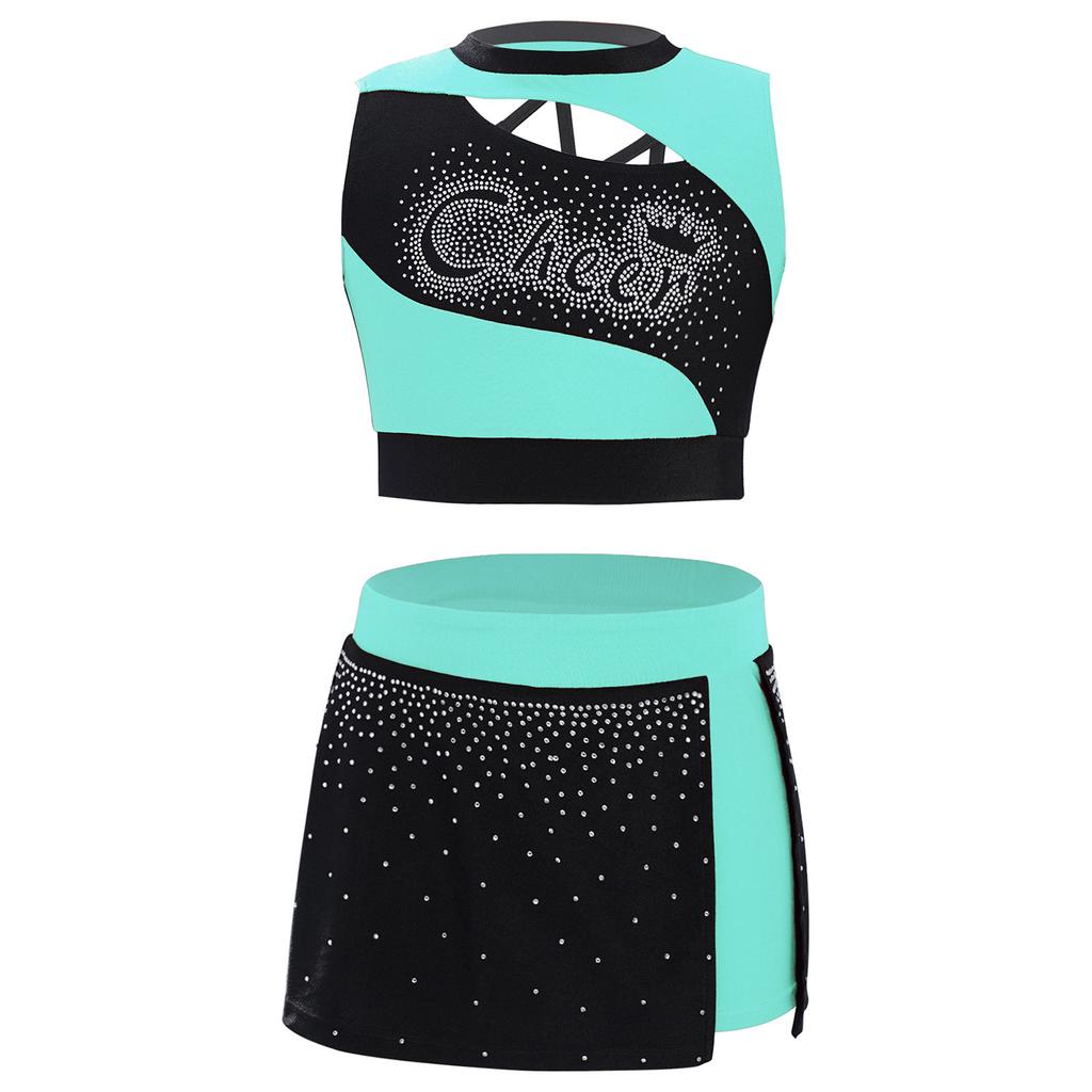 Girls Dance Crop Top and Skirt Set Sleeveless Rhinestone Design Side Slit Cheerleading Costume