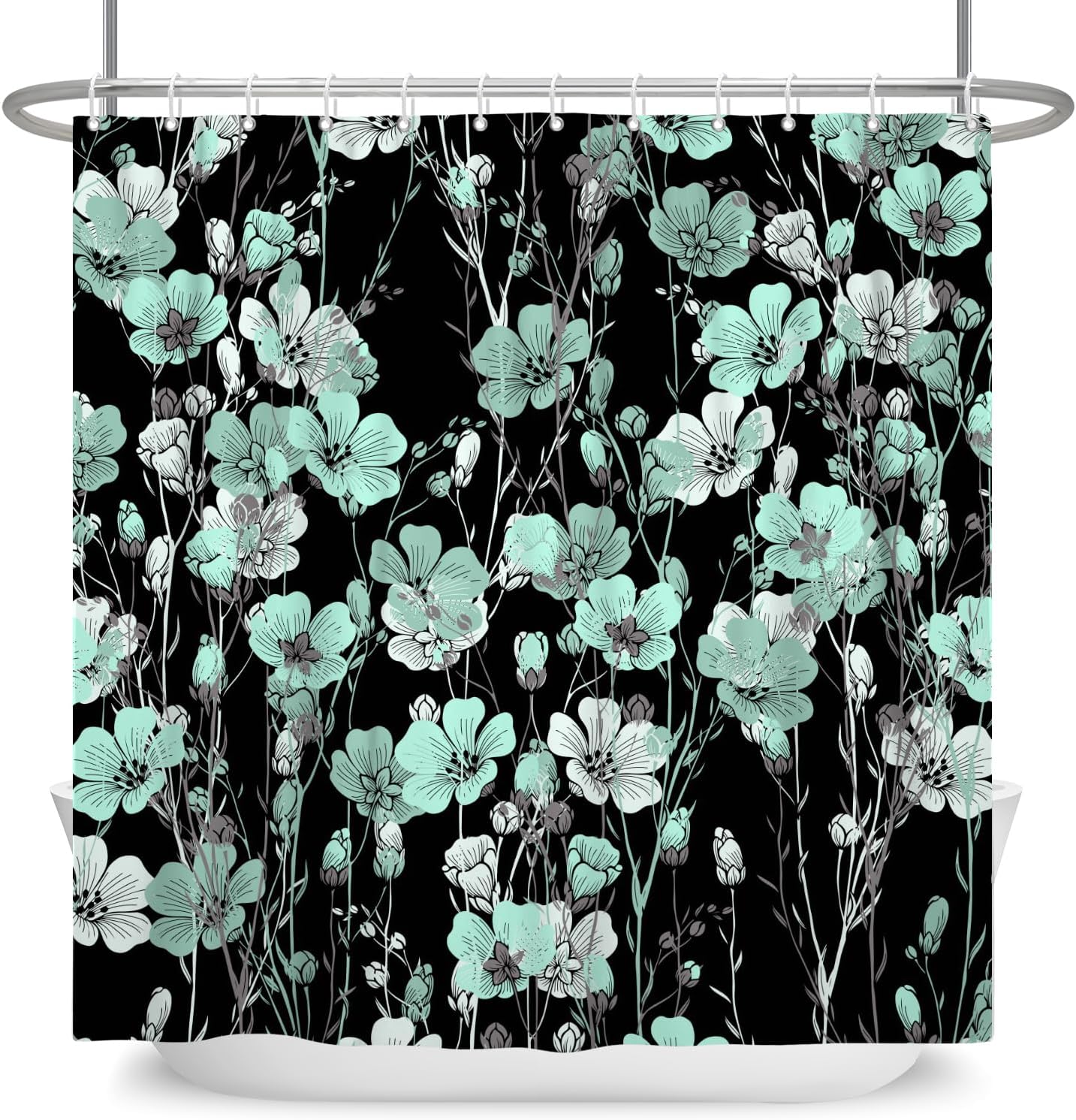 

Teal Floral Shower Curtain – Black Background & Watercolor Botanical Design, Boho Bathroom Decor 12Pcs Hooks 71X71Inch W60H190(CM)-1 Pcs