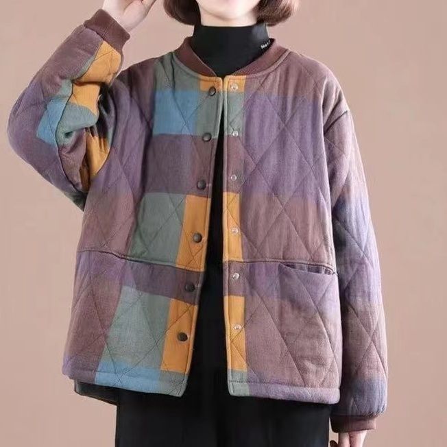 Women's Retro Korean Style Slim-Fitting Loose Cotton Coat Plus Size Casual Patchwork Plaid Short Padded Jacket
