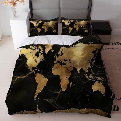 3-teiliges schwarzes goldenes Weltkarten-Bettwäsche-Set, Luxuriöse Polyester-Bettwäsche mit Kissenbezügen, Reißverschluss, Ganzjahres-Ausstattung für moderne Betten