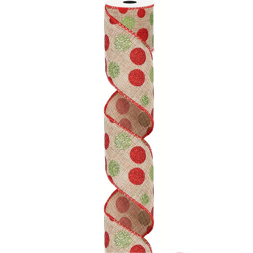 Christmas Glitter Ribbon Green Red Polka Dot Ribbon Christmas Tree Decoration DIY Craft Bow Wreath 2.5 Inch X 5 Yards