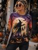 Damen Halloween Hexe Grafik Langarm T-Shirt Rundhals Oberteile Neue Vintage Vollmond Kürbis Laterne Party Geschenk Kleidung Oberteile