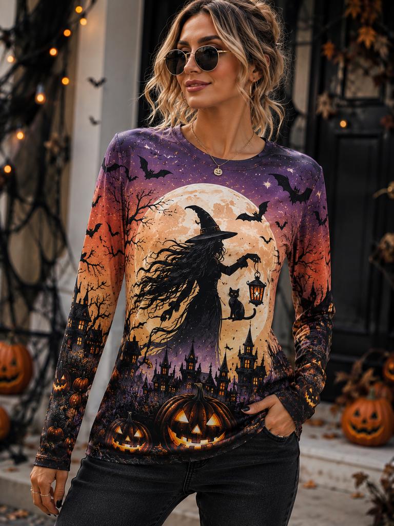 Damen Halloween Hexe Grafik Langarm T-Shirt Rundhals Oberteile Neue Vintage Vollmond Kürbis Laterne Party Geschenk Kleidung Oberteile