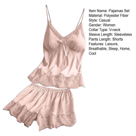 Women's Satin Pajamas Set Lace Cami Top And Shorts Two Piece Sleepwear with Built-in Bra Sexy Camisole Lounge Set