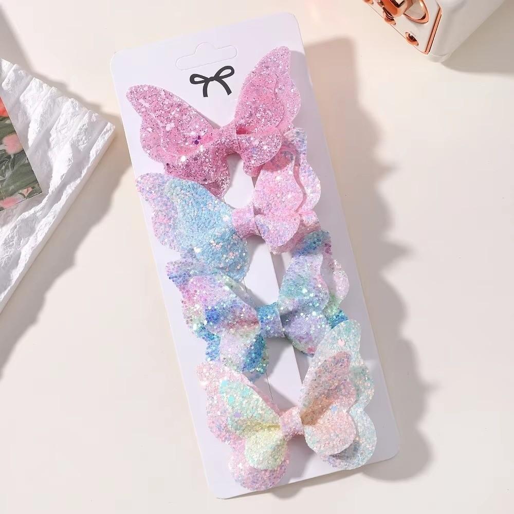 4Pcs Double Butterfly Design Butterfly Hair Clip Colorful Glitter Ribbons Bow Hairpins Women