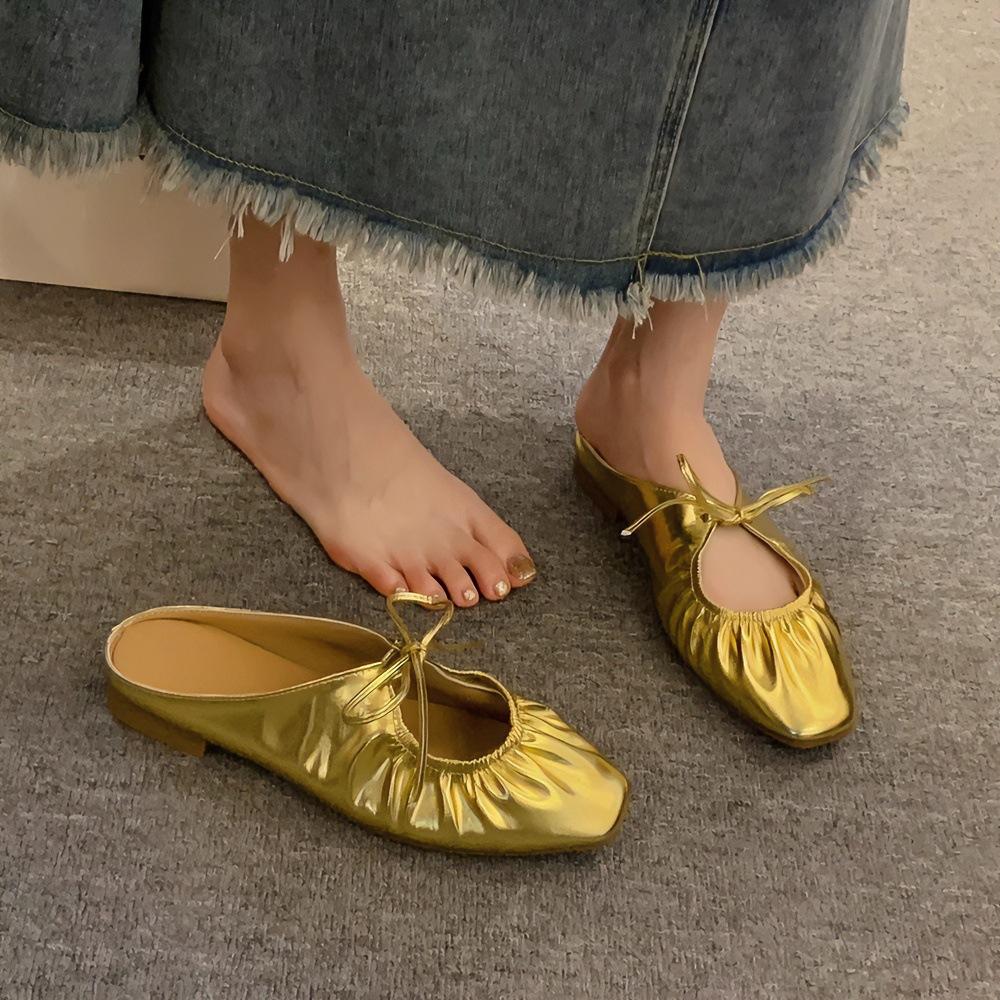 French retro silver baotou half slippers women's summer sandals 2025 gold soft flat bottom Muller soft bottom women's models