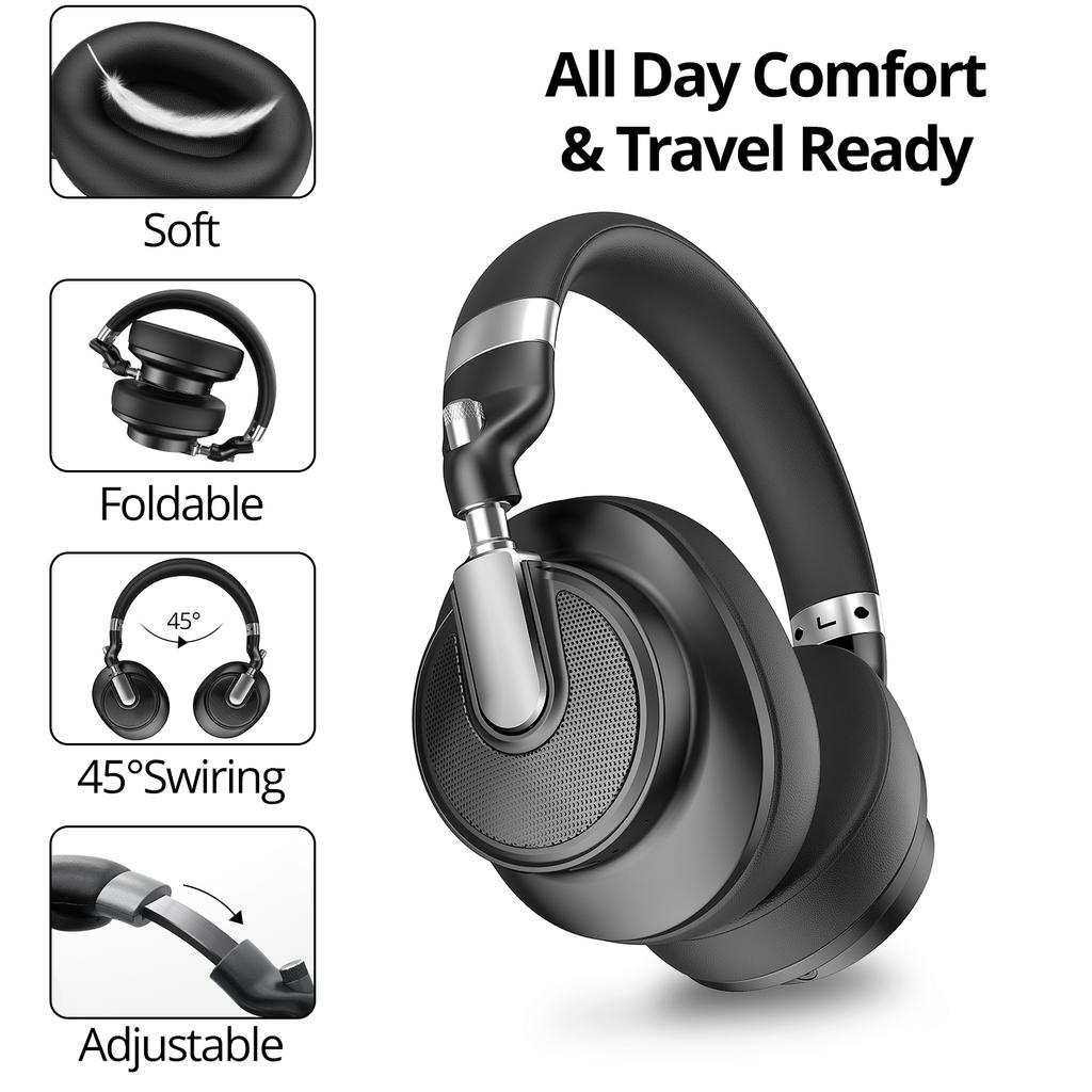 Custom Private Label Wireless Over-Ear Headphones Type-C Qualcomm Chipset Noise Cancelling Hybrid ANC 1050mAh Battery IPX4