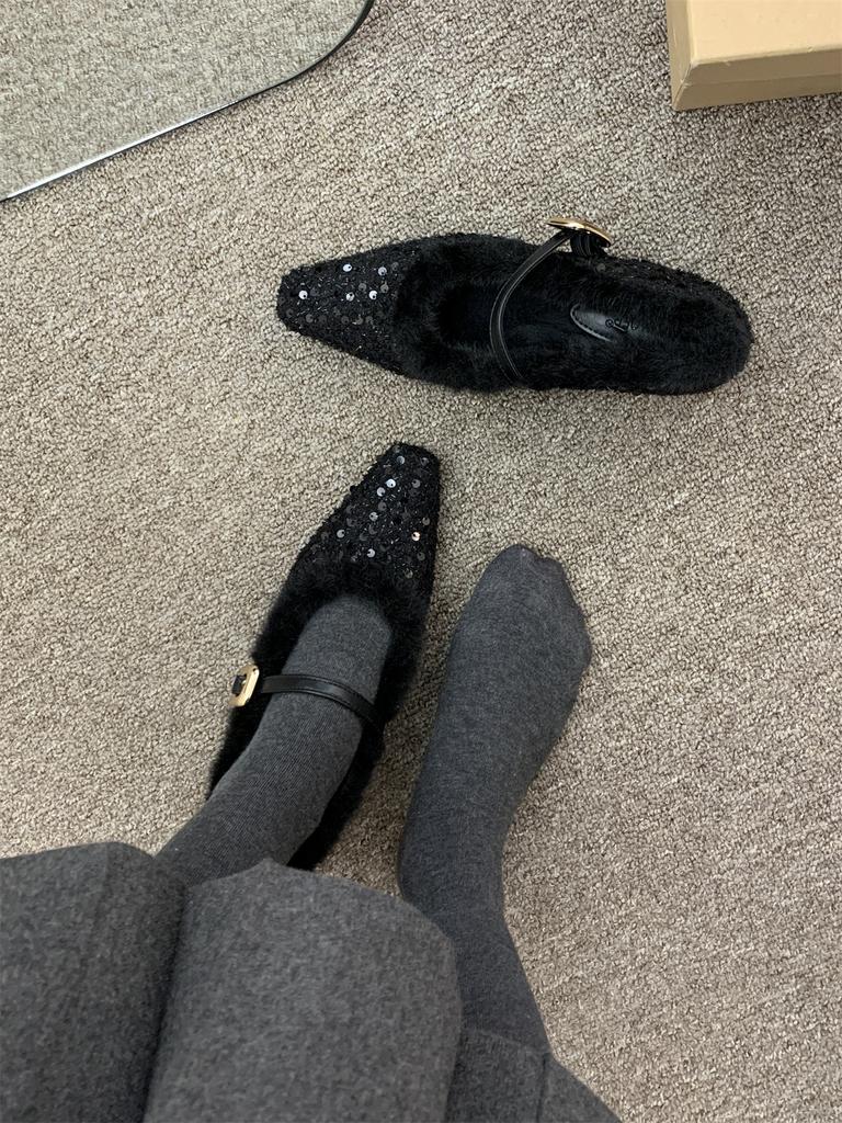 Fashion Fashion Sequin Bling Ladies High Heels Elegant Pointed Toe Thin Heel Mules Women Warm Fur Pumps French Elegant Dress Boat Shoes