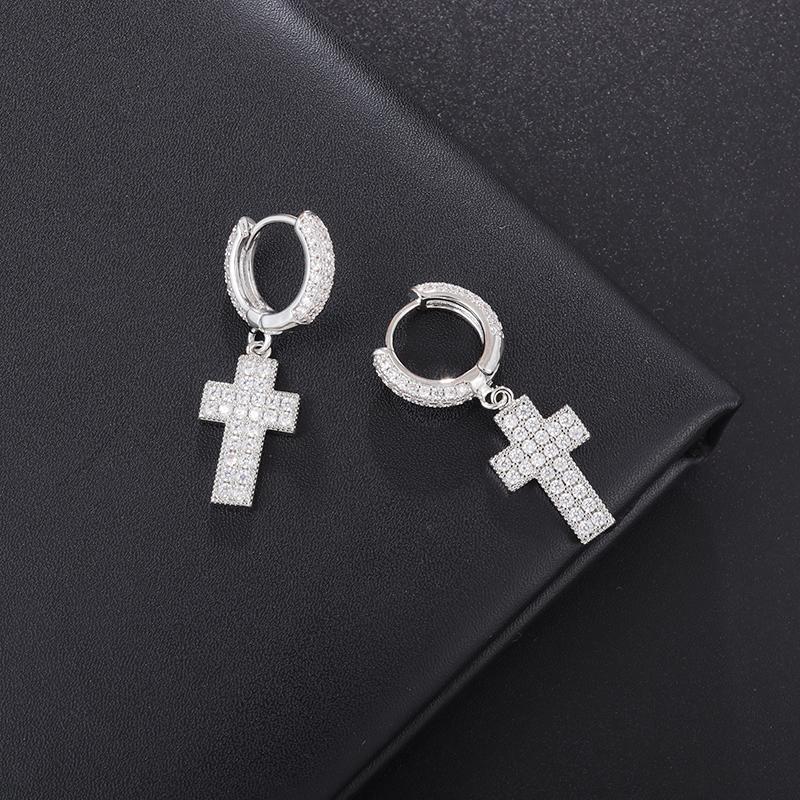 Hip Hop Iced Out Cross Dangle Earrings for Men Women Bling Silver Color Cubic Zircon Earrings Anti Allergy