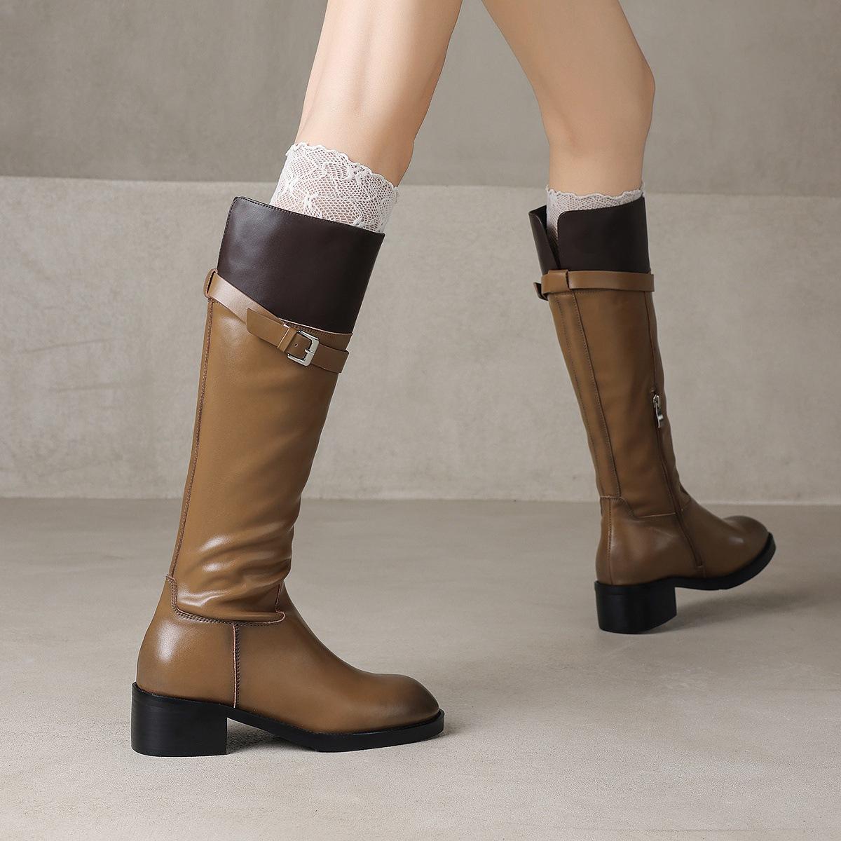 

Maillard retro color matching belt buckle flat knight boots velvet thick heel side zipper but knee boots women 40 коричневий