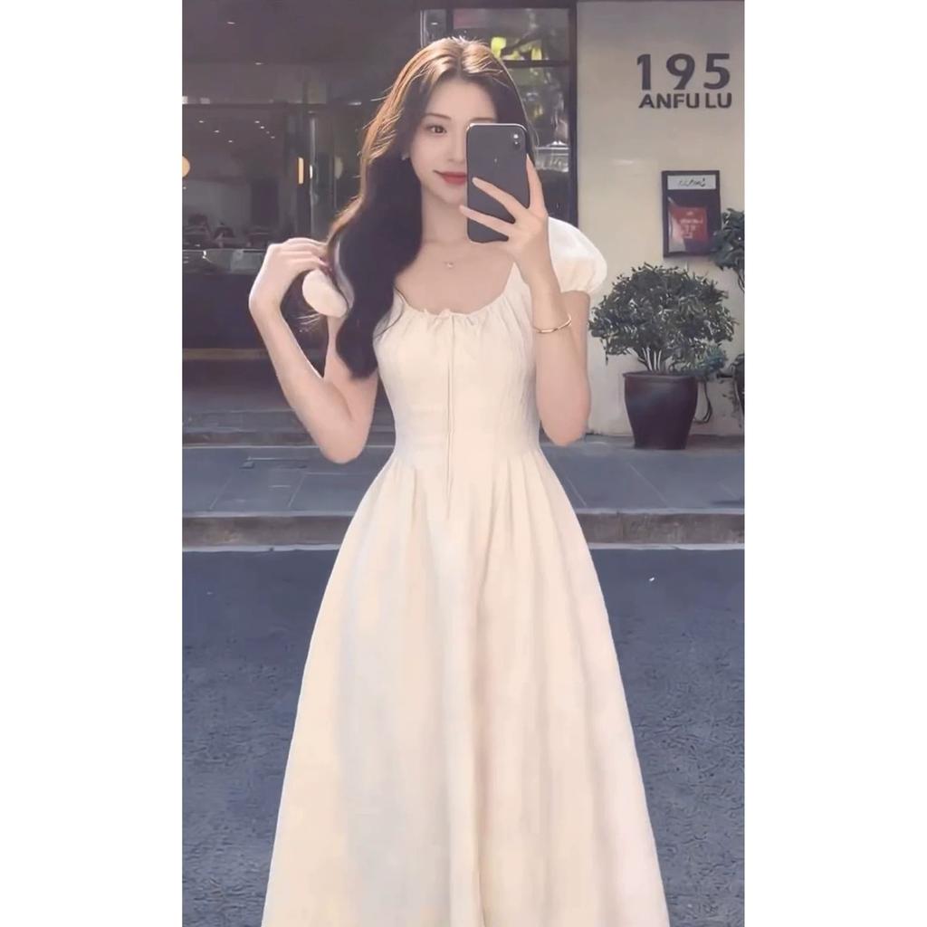 First Love white dress, French puff sleeve dress, women's summer new petite high-end long dress