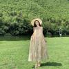 French Lazy Smudge Printing Long Beaded Suspender Dress Summer New Retro Loose Holiday Dress