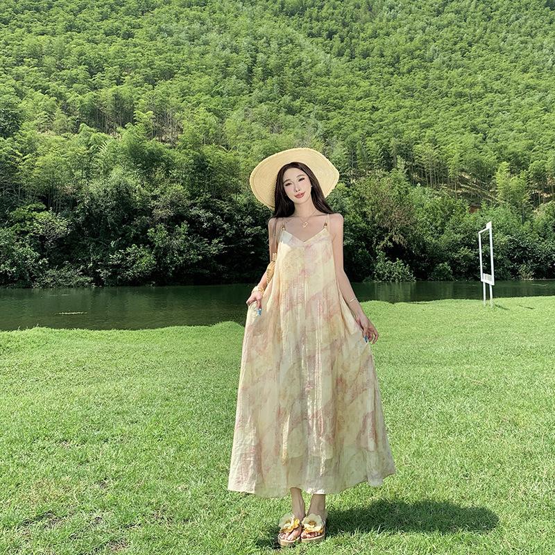 French Lazy Smudge Printing Long Beaded Suspender Dress Summer New Retro Loose Holiday Dress