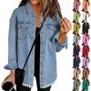 Women's Fashion Washed Denim Shirt Jacket With Frayed Hem Color Outerwear