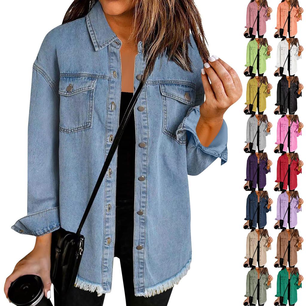 Women's Fashion Washed Denim Shirt Jacket With Frayed Hem Color Outerwear