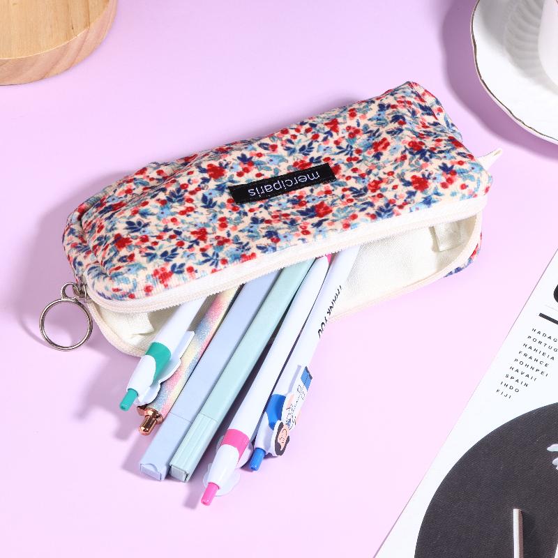 Vintage Corduroy Federmäppchen Retro Blumenmuster Federtasche Große Kapazität Schreibwaren Tasche Für Schüler Büro Make-up Aufbewahrung