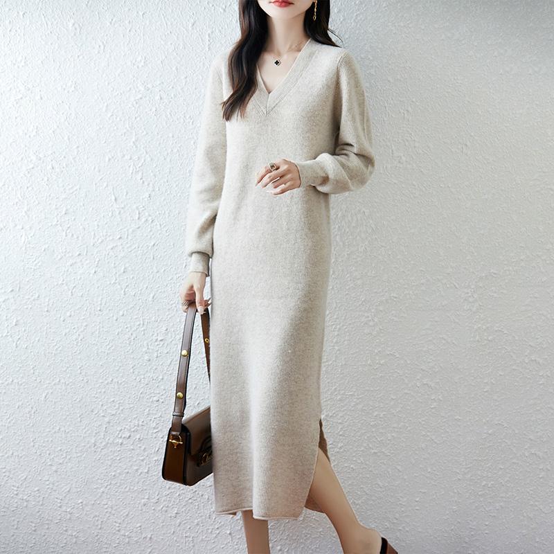 Women Sweater Dress 100% Wool MODERN NEW SAGA V-neck Knit Long Pullover Winter Jumpers Wool Long Dress Female