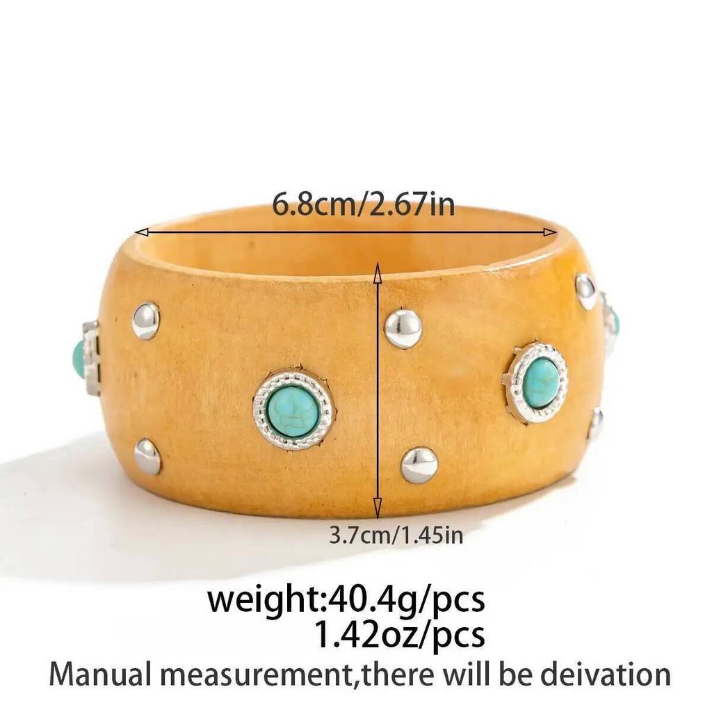 Salircon 2026 New Irregular Hyperbole Wooden Cuff Bangles Women Creative Round Geometric Wide Inlaid Turquoise Bracelets Jewelry