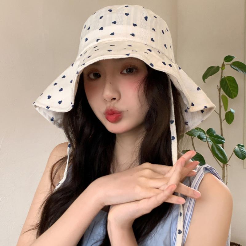 Sweet and cute love lace-up bucket hat women's summer big brim sunscreen basin hat show face small hat
