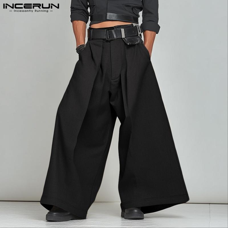 INCERUN Men Zip-up High Waist Pleating Casual Long Wide Legs Pants Trousers