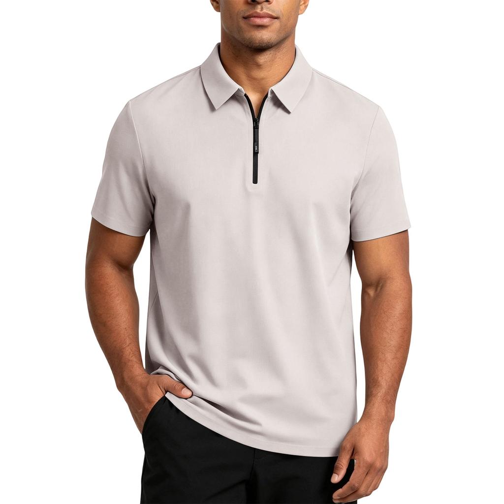 Men's Short Sleeve Polo Shirt with Zipper High Elasticity Ice Silk Knit Fabric Comfortable Stretch Waffle Texture Casual T-Shirt