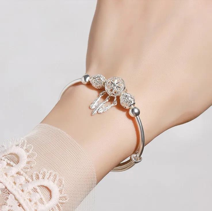 Adjustable Size 925  Silver Bangle Cuff Dreamcatcher Tassel Feather Round Bead Charm Bracelet Jewelry For Women Wedding