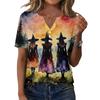 Women's Casual Halloween Print V-Neck Short Sleeve Button T-Shirt Top